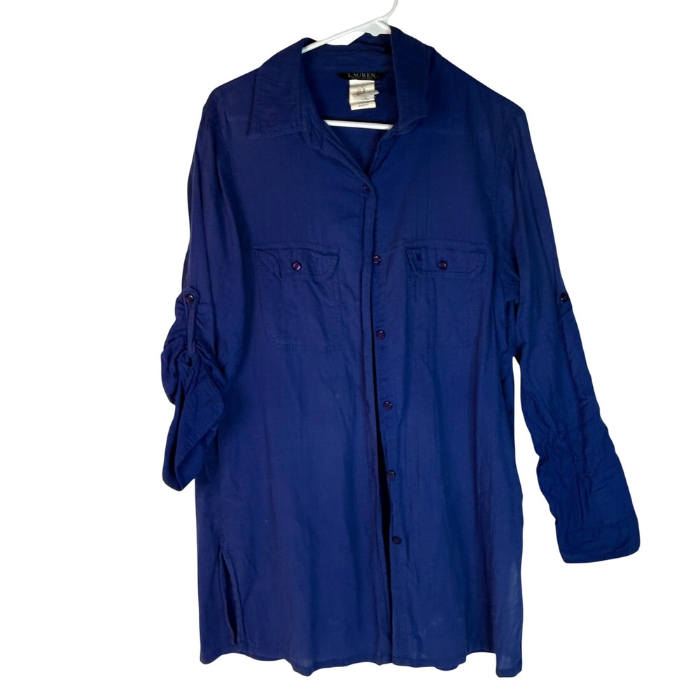 Lauren Ralph Lauren Blue Roll Tab Utility Button‎ Shirt Women's M Cotton